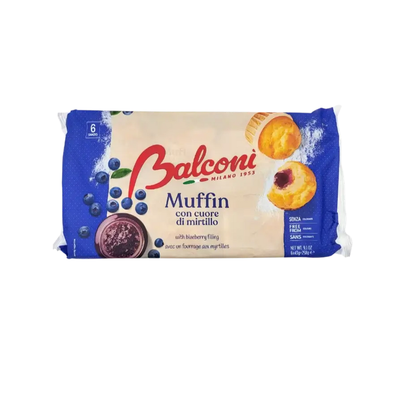 Face avant du paquet de Muffins fourrés à la myrtille Balconi, pâtisserie italienne moelleuse idéale en dessert ou en snack sucré.