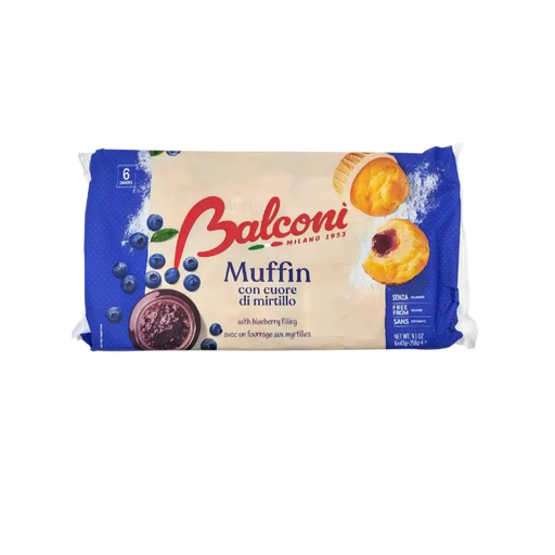 Face avant du paquet de Muffins fourrés à la myrtille Balconi, pâtisserie italienne moelleuse idéale en dessert ou en snack sucré.
