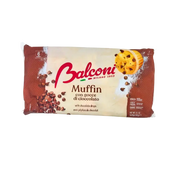 Face avant du paquet de Muffins Balconi 240g, pâtisseries italiennes aux pépites de chocolat, snack sucré moelleux sans conservateurs.