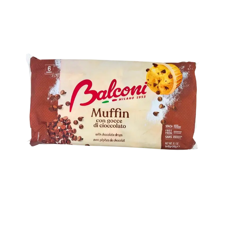 Face avant du paquet de Muffins Balconi 240g, pâtisseries italiennes aux pépites de chocolat, snack sucré moelleux sans conservateurs.