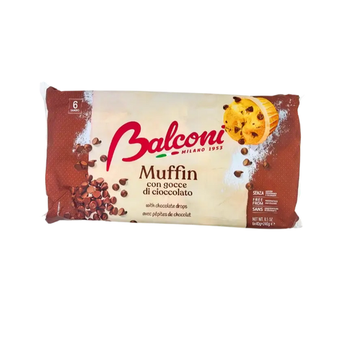 Face avant du paquet de Muffins Balconi 240g, pâtisseries italiennes aux pépites de chocolat, snack sucré moelleux sans conservateurs.