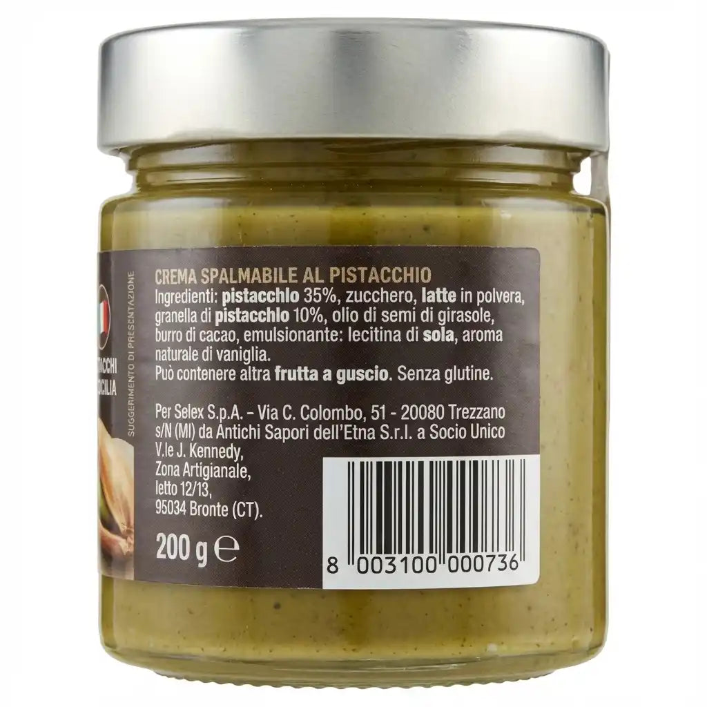 Rückseite des Pistazienaufstrichs Saper di Sapori mit Zutaten und Barcode, 200g