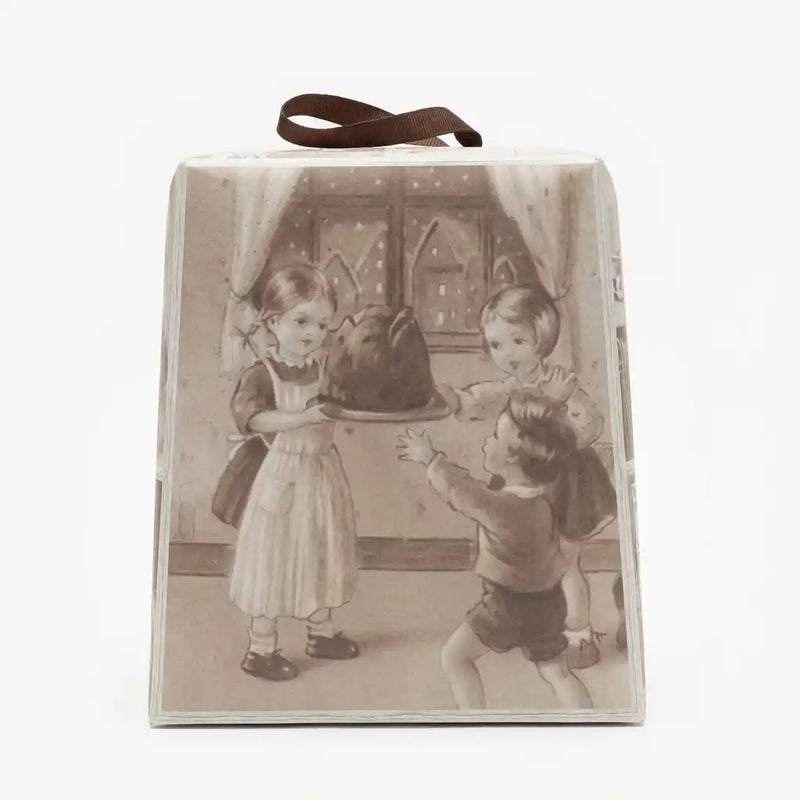 Vintage-Verpackung des Panettone Classico Loison 500g – retro Illustration mit Kindern um einen Panettone herum