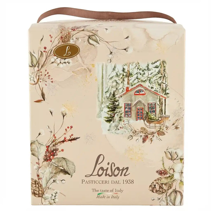 Pandoro Loison Box – beige Verpackung mit schneebedecktem Chalet und winterlichen Dekorationen, Bandgriff