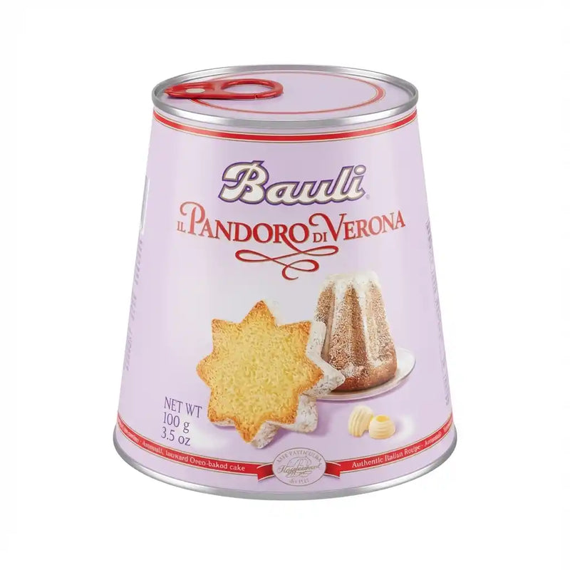 Mini Pandoro Bauli 100g – italienischer Kuchen in Sternform, präsentiert in seiner rosa-lila Verpackung mit rotem Griff.