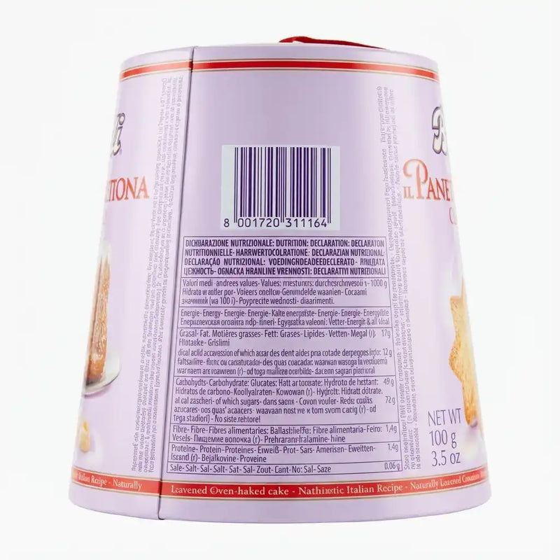 Rückseite des Mini Pandoro di Verona Bauli 100g – Ansicht des Barcodes, Zutatenliste und Nährwertinformationen auf der lila Verpackung.