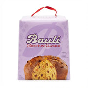 Panettone Classico Bauli 500g in seiner lila Box mit rotem Griff, die ein italienisches, weiches Brioche mit Rosinen und kandierten Früchten zeigt.