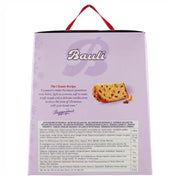Rückseite der Box von Panettone Classico Bauli 500g, mit einem Bild der Scheibe, Beschreibung des traditionellen Rezepts und Nährwerttabelle, die auf der lila Verpackung gedruckt ist.