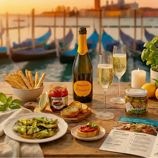 Coffret apéritif vénitien avec Prosecco, antipasti italiens et cicchetti face aux gondoles à Venise.
