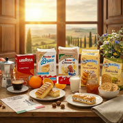 Italienisches Frühstück mit Lavazza-Kaffee, Kinder-Backwaren und Mulino Bianco-Keksen in einer sonnigen toskanischen Dekoration.
