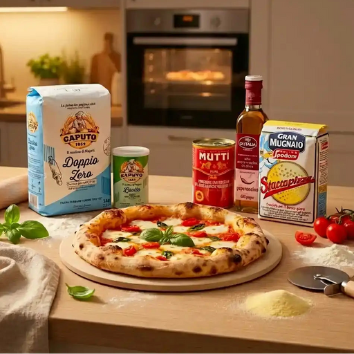 Kit pizza napolitaine avec farine Caputo, levure italienne, semoule Staccapizza, tomates Mutti et huile Olitalia autour d’une pizza Margherita.
