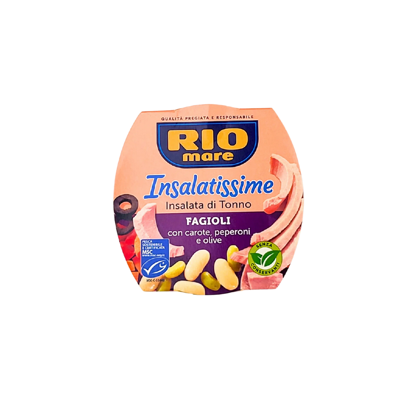 Vue avant de l'Insalatissime Rio Mare Insalata di Tonno Fagioli 160g, salade de thon aux haricots avec carottes, poivrons et olives.