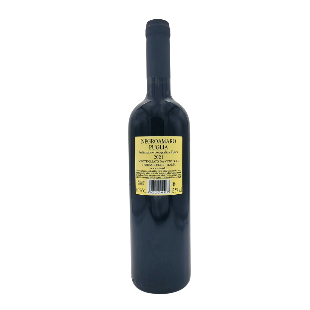 Flasche Wein Negroamaro Puglia 2022, gelbes Etikett, 75cl, für Liebhaber italienischer Rotweine.