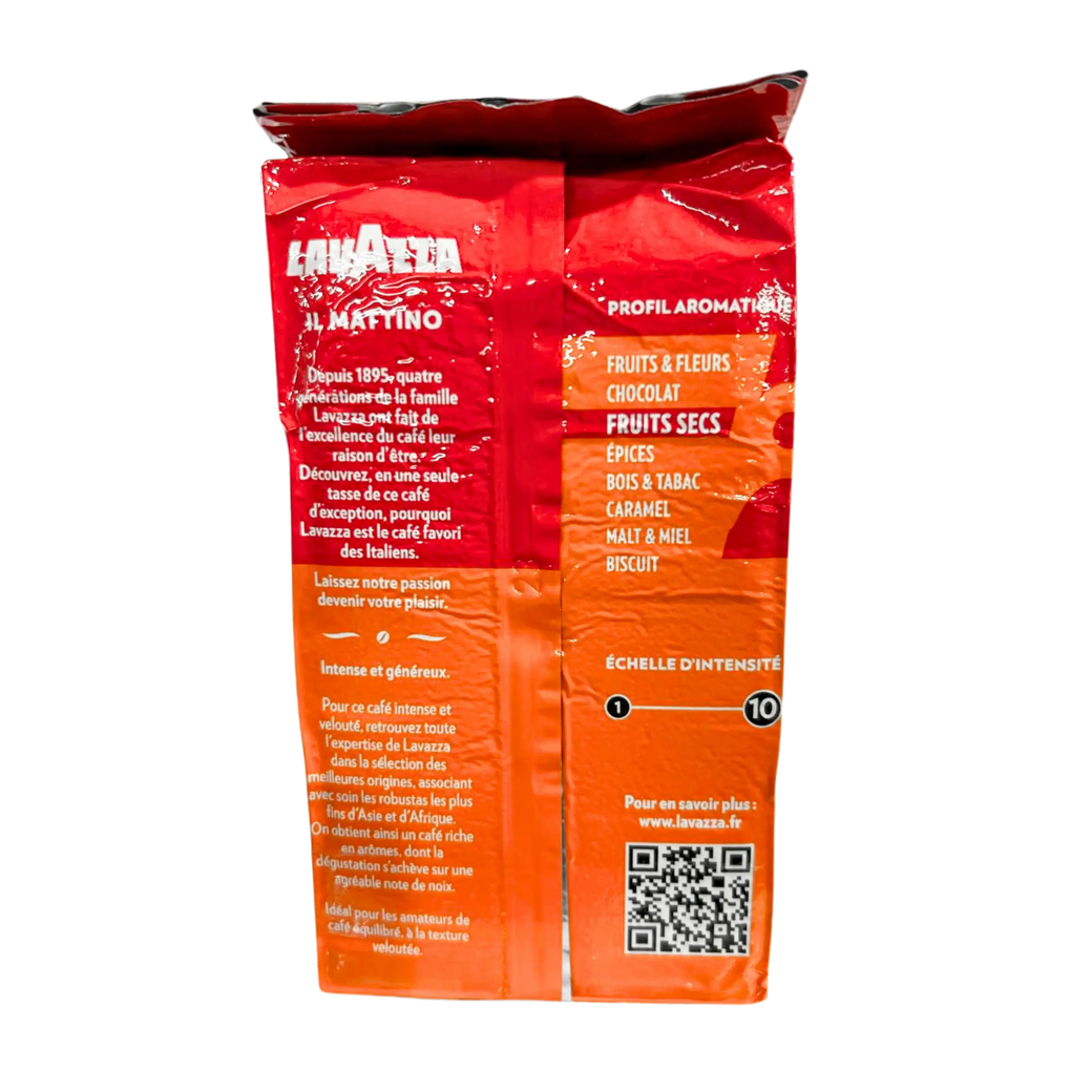 Verpackung des gemahlenen Kaffees Lavazza Il Mattino 250g, die das Aromaprofil und die Intensitätsskala hervorhebt.