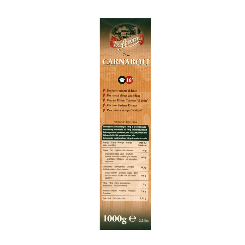 Composition nutritionnelle et informations sur le Riso Carnaroli La Risera 1kg.