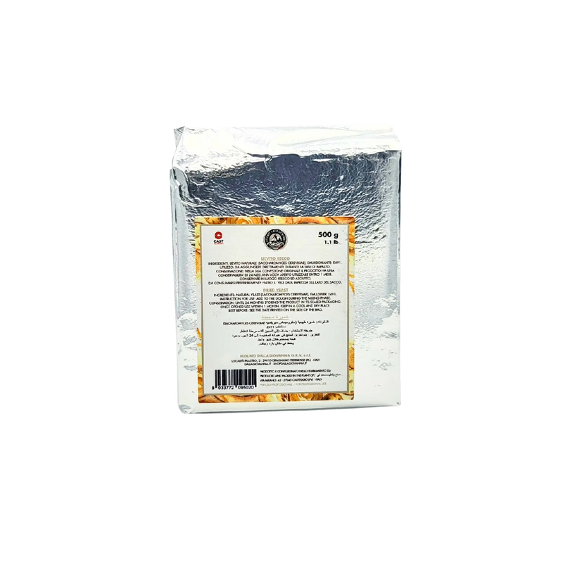 Vue avant du paquet de levain sec Molino Dallagiovanna 500g, emballé dans un film argenté.