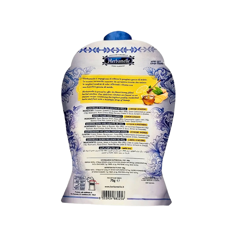 Emballage au dos des bonbons Miel Gingembre Citron Herbamelle, 75g, mettant en évidence les ingrédients et les informations nutritionnelles.