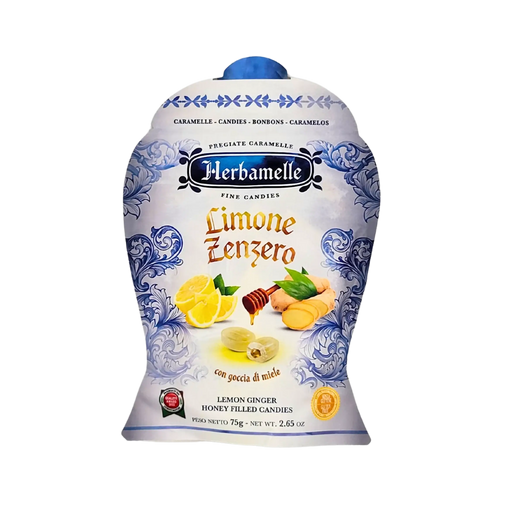 Bonbon Herbamelle au Miel, Gingembre et Citron, 75g, emballage coloré avec illustrations de fruits.