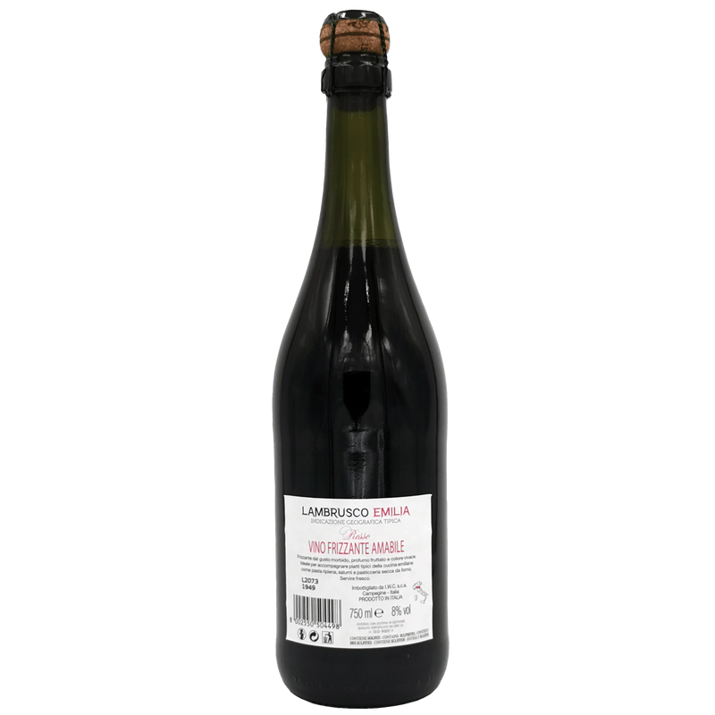 Bouteille de vin Lambrusco Emilia Vino Frizzante Amabile de 750ml avec étiquette informative.