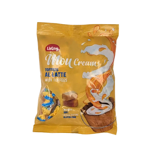 Emballage des bonbons mou au lait Liking, 150g, sans gluten, avec un design coloré et gourmand.