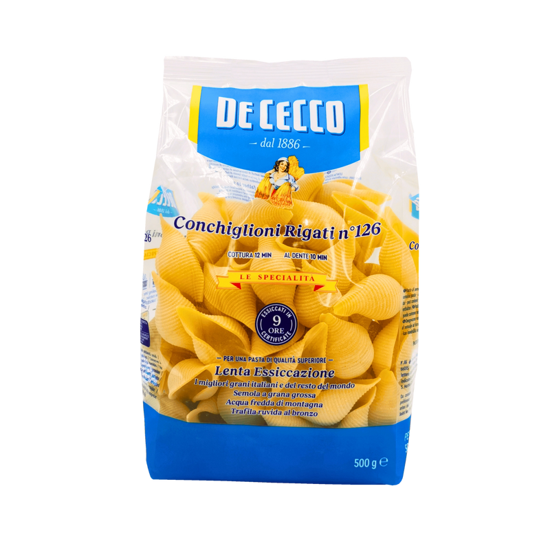 Emballage avant des Conchiglioni Rigati N°126 - Pâtes à farcir De Cecco - 500g - Lente Essiccazione - Depuis 1866
