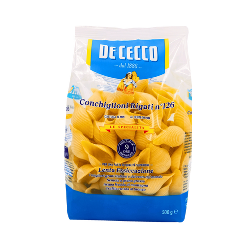 Emballage avant des Conchiglioni Rigati N°126 - Pâtes à farcir De Cecco - 500g - Lente Essiccazione - Depuis 1866