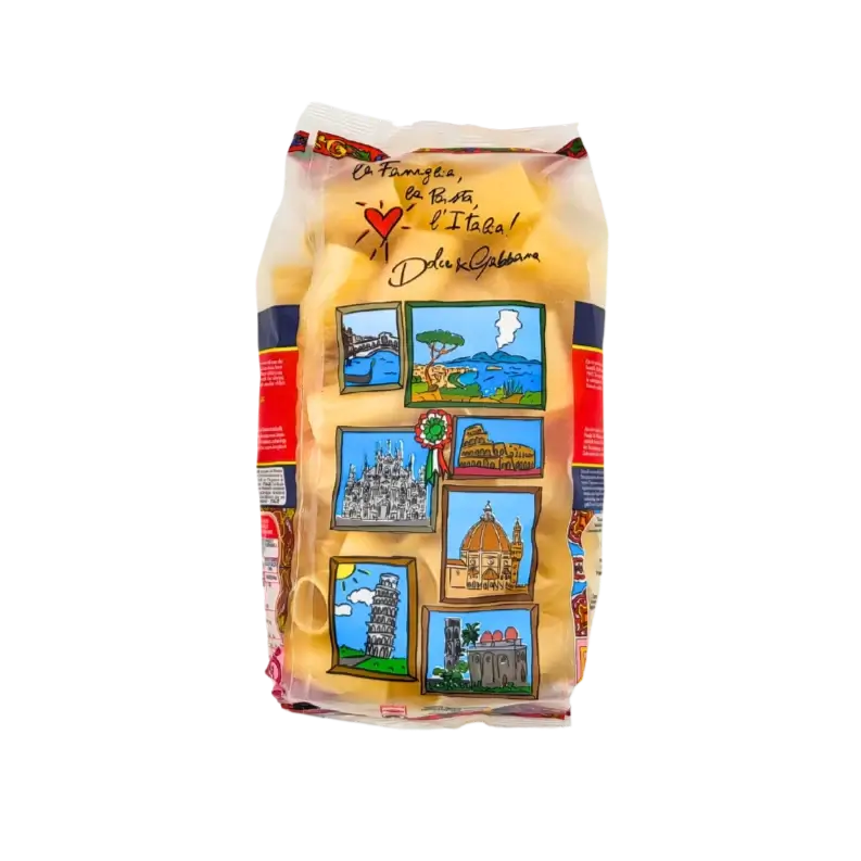 Face arrière du paquet de Paccheri Pastificio Di Martino 500g, avec illustrations de monuments italiens.