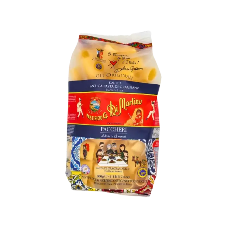 Face avant du paquet de Paccheri I.G.P. de la marque Pastificio Di Martino, 500g, édition Dolce & Gabbana.