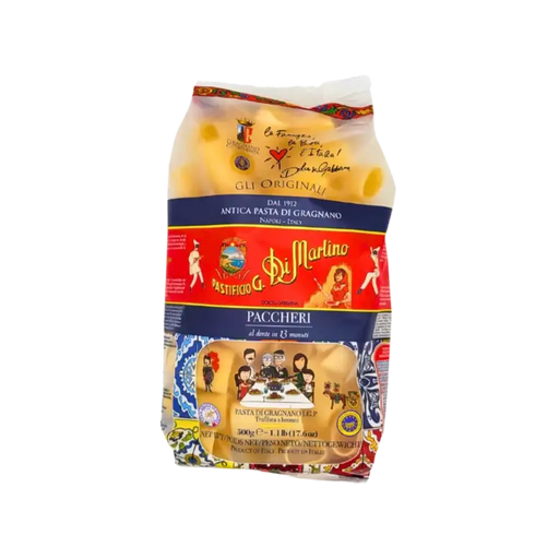Face avant du paquet de Paccheri I.G.P. de la marque Pastificio Di Martino, 500g, édition Dolce & Gabbana.