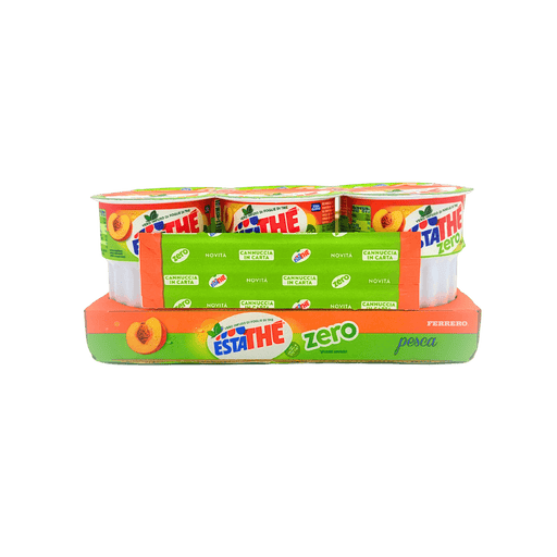 Pack de 6 gobelets Estathé Zero Pêche Ferrero de 200 ml, avec emballage frontal.
