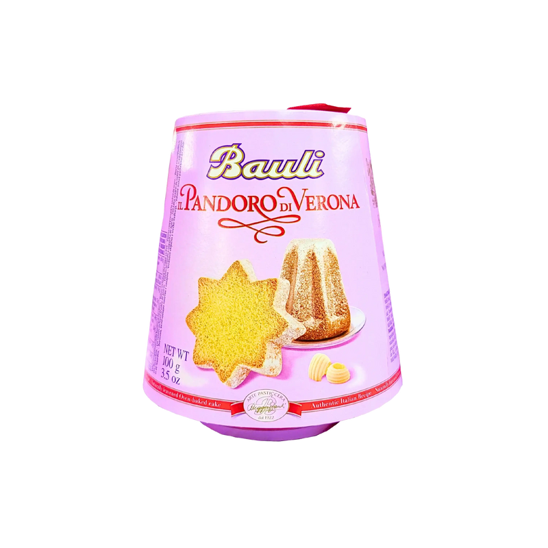 Italienischer Pandoro-Kuchen aus Verona von Bauli 100g - Vorderansicht mit Logo und Kuchen