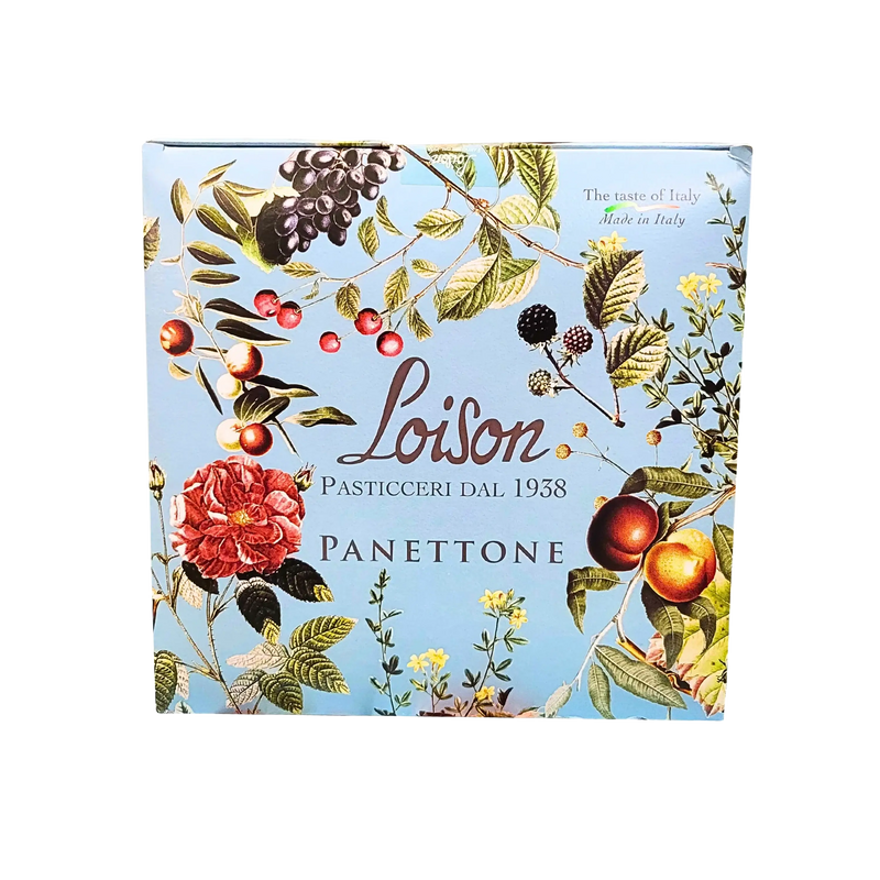 Vue du dessus du Panettone Loison 1kg, avec un emballage aux motifs floraux colorés.