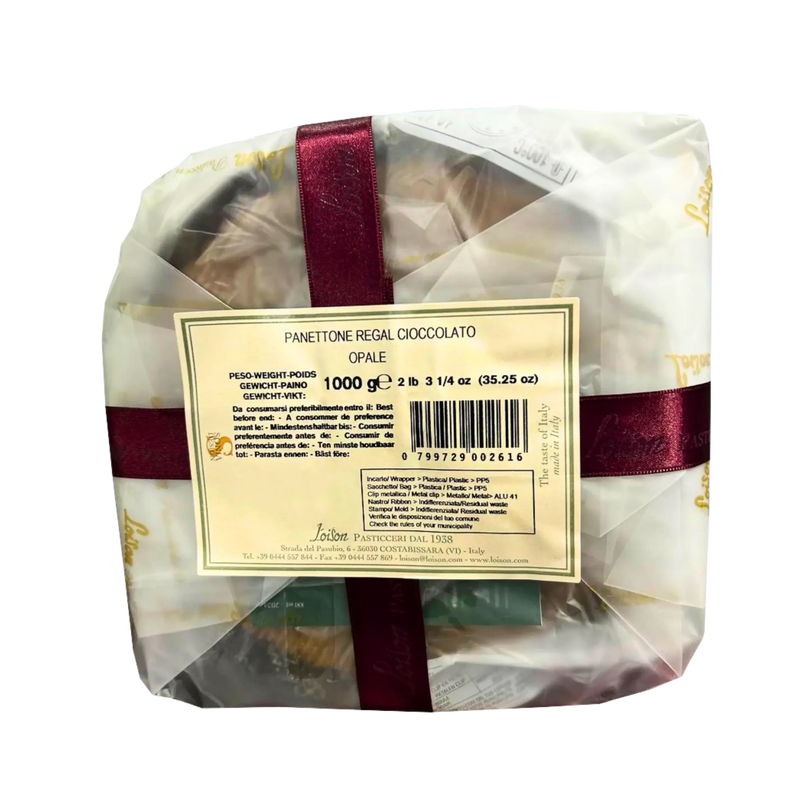 Ansicht von unten des Panettone Schokolade Loison 1 kg, die die Details der Verpackung und das handwerkliche Etikett des Hauses Loison hervorhebt.