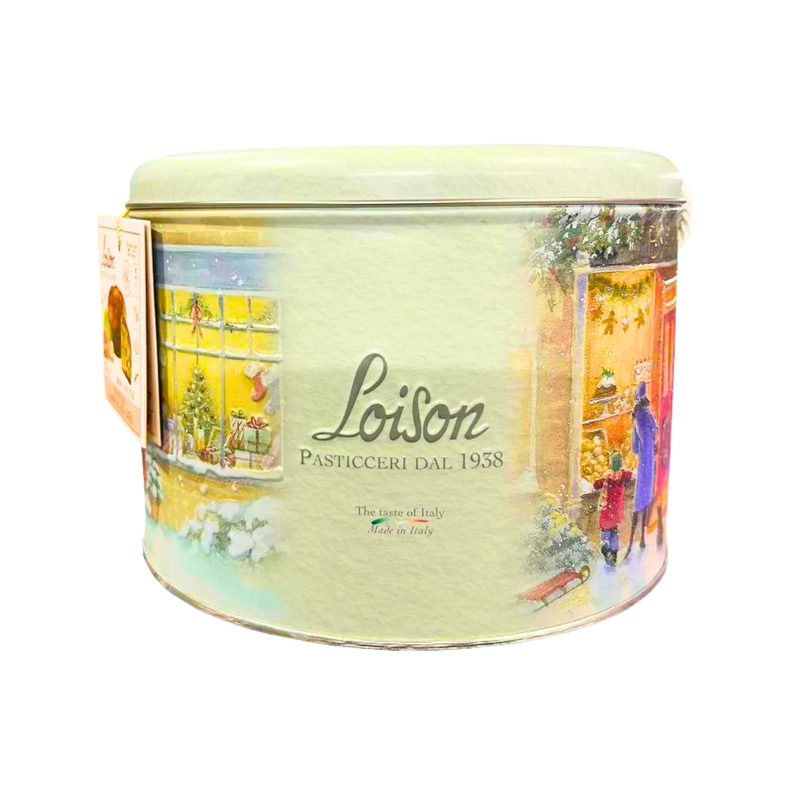 Vue avant de la boîte de Panettone Classico Loison 750g, illustrant un magasin de Noël et le logo Loison.