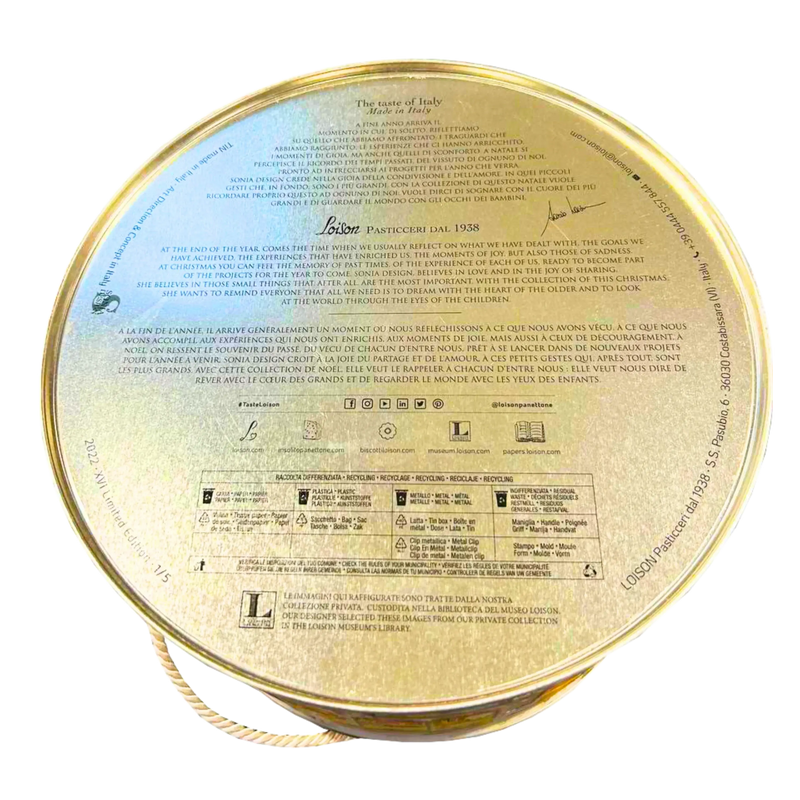 Vue du dessous de la boîte de Panettone Classico Loison 750g, avec informations sur le recyclage et description du produit en plusieurs langues.