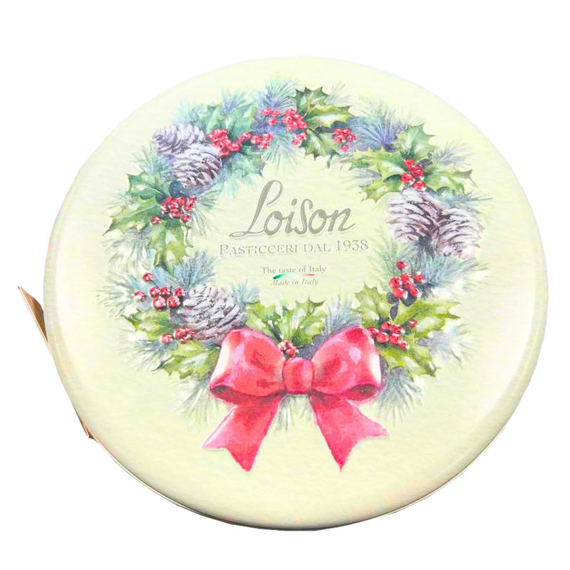 Vue du dessus de la boîte de Panettone Classico Loison 750g, avec une illustration festive de Noël.