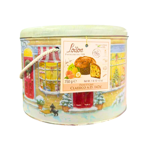 Vue latérale de la boîte de Panettone Classico Loison 750g, décorée de scènes de Noël en hiver.