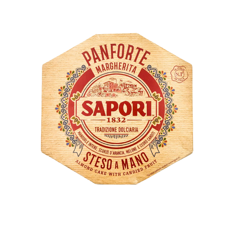 Face avant du Panforte Margherita Sapori, gâteau aux amandes et fruits confits, 320g.
