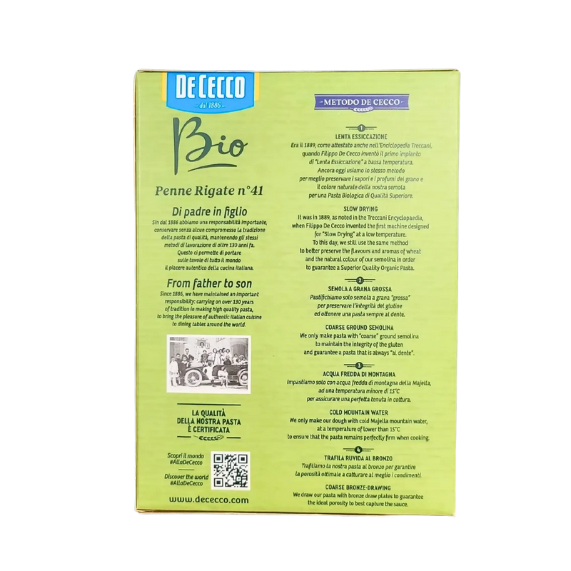 Pâtes Bio Penne Rigate De Cecco 500g - Vue arrière avec informations du produit