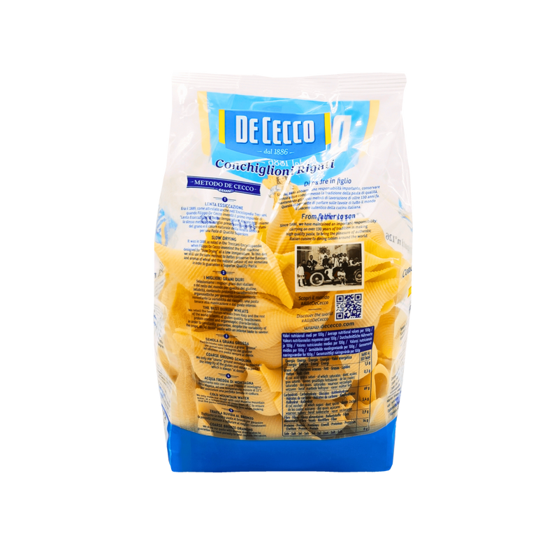 Informations nutritionnelles des Conchiglioni Rigati N°126 - Pâtes à farcir De Cecco - 500g - Lente Essiccazione