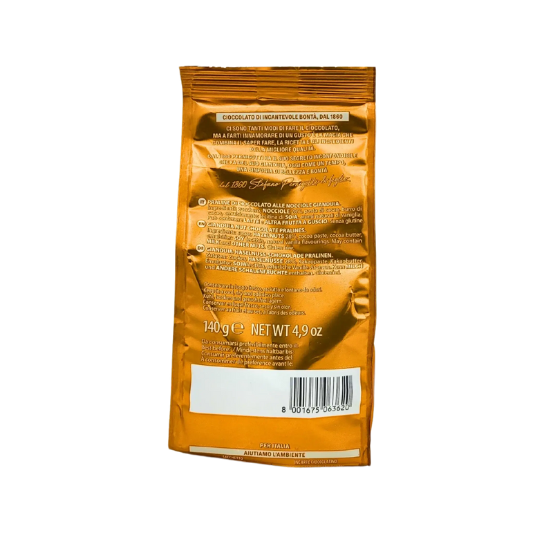 Dos de l'emballage des pralines Pernigotto Gianduiotto, présentant les ingrédients et les informations nutritionnelles, 140g.