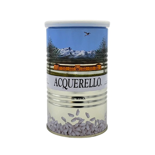 Riz Acquerello Carnaroli 500g, conditionné en boîte métallique, idéal pour risottos italiens de qualité.