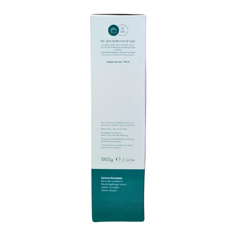 Riz Arborio Premium SP 1kg - Côté gauche, informations sur le temps de cuisson et origine italienne.