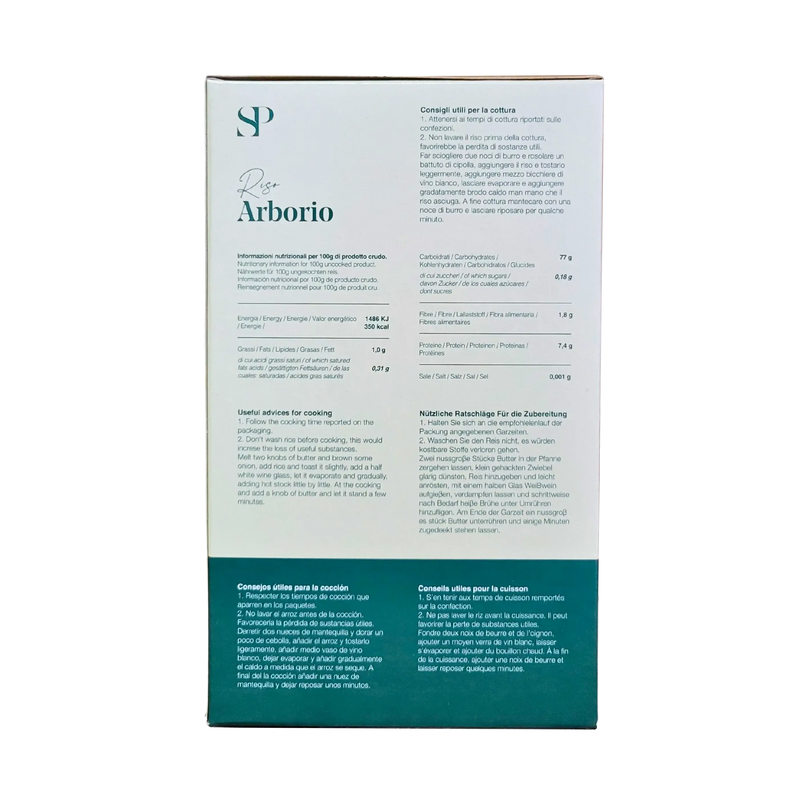 Riz Arborio Premium SP 1kg - Vue arrière avec informations nutritionnelles et conseils de cuisson.