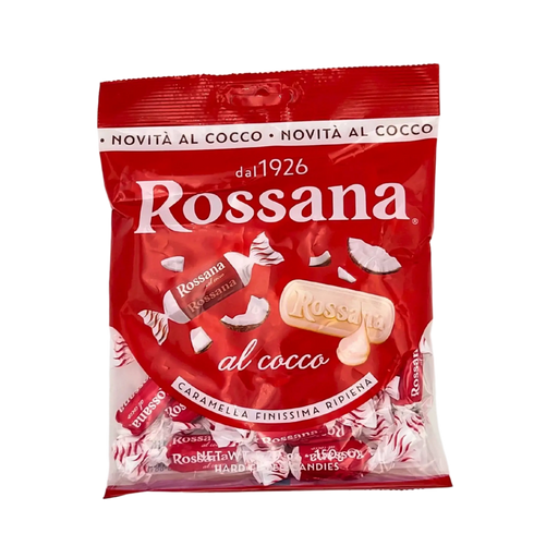 Bonbons à la noix de coco Rossana 150g, emballage rouge, saveur exotique, confiserie italienne traditionnelle.