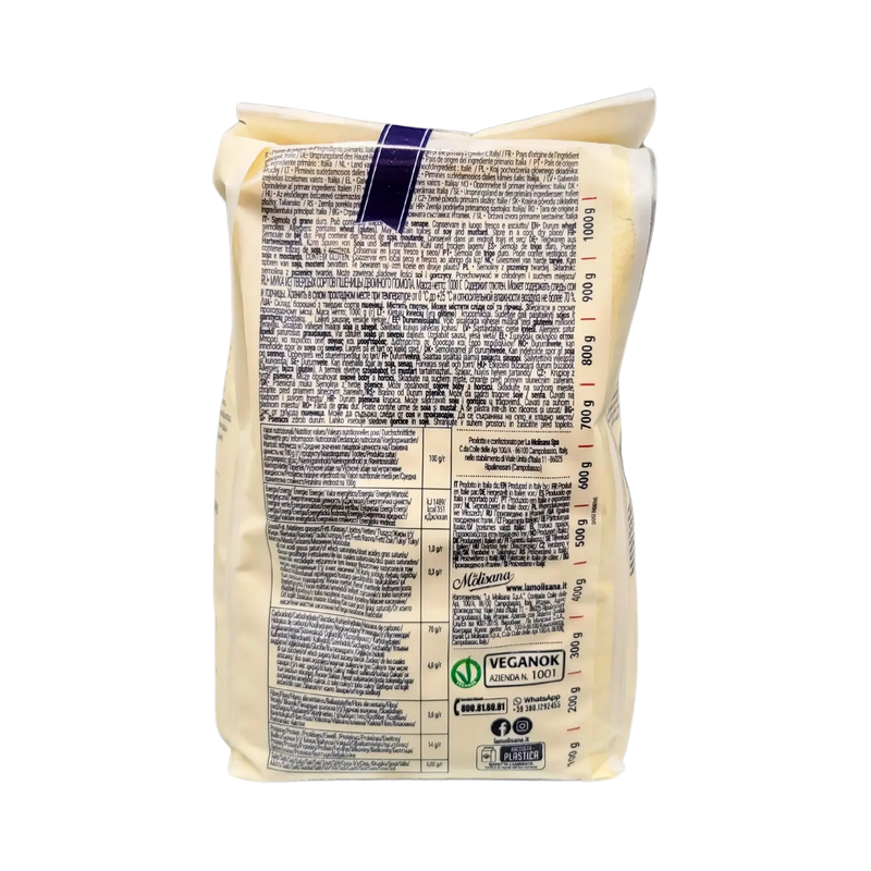 Hartweizengrießmehl La Molisana 1 kg, Rückverpackung, steingemahlen, authentisches italienisches Produkt.
