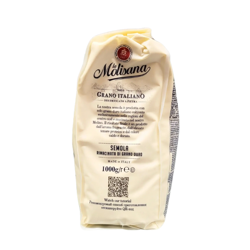 Italienisches Hartweizengrießmehl La Molisana 1 kg in einer beigen Verpackung mit schwarzem Text.