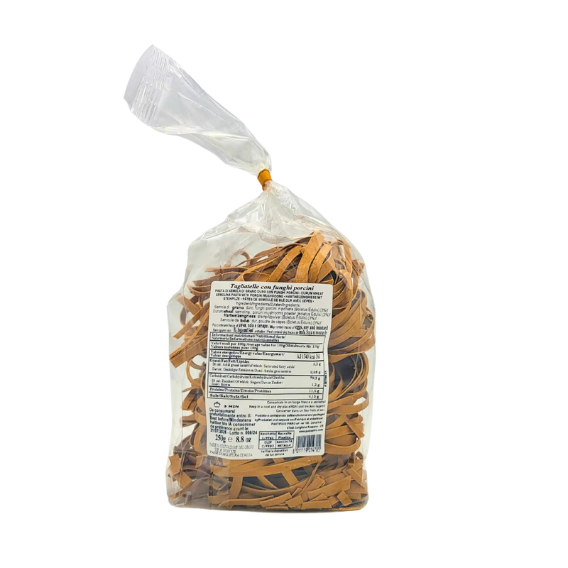 Vue arrière de l'emballage des tagliatelles aux cèpes Pirro, 250g, indiquant les informations nutritionnelles et la composition.