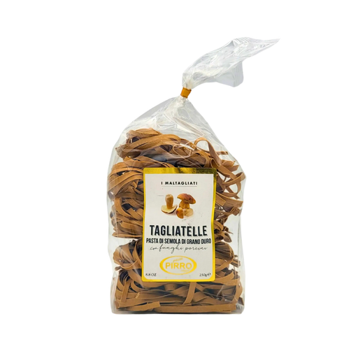 Vue avant de l'emballage des tagliatelles aux cèpes Pirro, 250g, avec une illustration des cèpes et une étiquette de qualité.