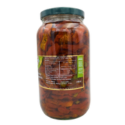 Vue latérale avec la description et les informations nutritionnelles des tomates séchées en huile de tournesol, pot de 3 kg Antica Valle d'Ofanto.